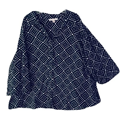 Blusa JM Collection 22W Negro Blanco Cuello Lunares Mangas 3/4 Abotonada Acampanada Foto 1 de 4
