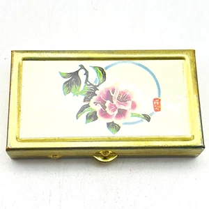 Vintage Japan Emaille Blumen Pillendose goldfarben rechteckig - Bild 1 von 9