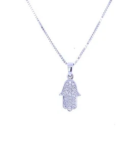 Solid White 14k Gold Hamsa Paved Necklace With 0.14 Carats of Real H/SI Diamonds - Picture 1 of 6