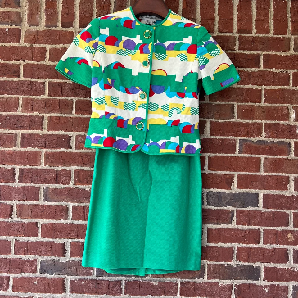Anne Crimmins Umi Collections Skirt Suit Vintage Multi Color Geometric 4 Spring - Image 1 of 4