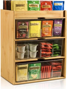 Tea Bag Organizer - Bamboo Tea Storage Organizer with Drawer 3 Layer, Tea Organi - Picture 1 of 7