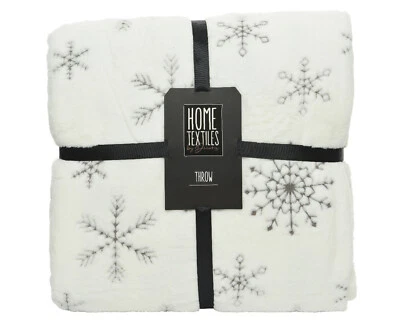 Kuscheldecke 150x200cm Fleecedecke Wohndecke mit Schneeflocken Sofadecke weiß - Bild 1 von 3