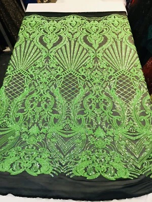 NEON GREEN SEQUIN DAMASK DESIGN EMBROIDERY ON A BLACK 4 WAY STRETCH MESH-1 YARD. - Image 1 of 4
