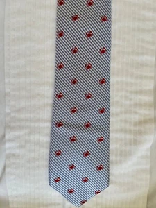 Club Room Handmade White & Blue Striped Red Crabs Silk Necktie - Picture 1 of 3