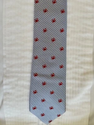 Club Room Handmade White & Blue Striped Red Crabs Silk Necktie - Image 1 of 3