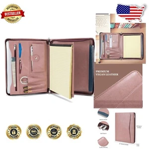 Pink Vegan Leather Business Folder with Multifunctional Pockets & Zipper Closure - Picture 1 of 10