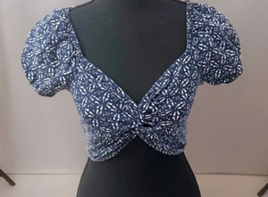Aeropostale Crop Top XL dunkelblau weiß Print Smoked Back Twisted Front Shirt - Bild 1 von 12