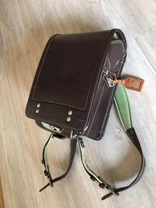 Tsuchiya Kaban Brown & Green Leather Randoseru Japanese School Backpack 6-Year - Picture 1 of 6