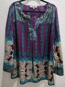 Fig and Flower Top Damen Bluse 2X blau Paisley V-Ausschnitt 3/4 Arm Bauern Boho - Bild 1 von 10