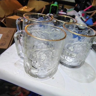 Juego de 4 tazas de vidrio transparente KIG Indonesia de colección con adornos de oro 22k fruta uva pera Foto 1 de 4