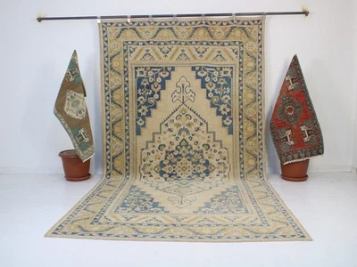 Vintage Hand Knotted Large Area Rug Beige Blue Geometric Anatolian Design 6x11 - image 1 of 4