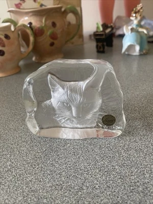 Vtg Cristal d'Arques Crystal France Art Glass Cat Paperweight Reverse Etched - image 1 of 4