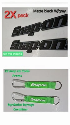 2PK SNAP ON TOOLS LOGO EMBLEM Matte Black Badge Decal+2X Keytags Green Carabiner - Image 1 of 4