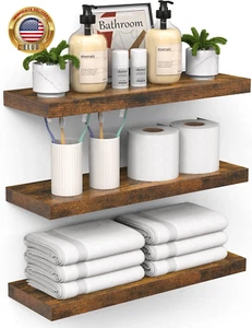 Floating Shelves for Wall – Bathroom Shelves Rustic Wood with Metal Brackets for - Picture 1 of 10