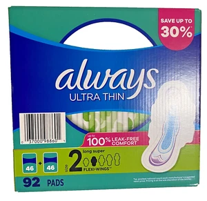 Always Ultra Thin Long Super Pads with Flexi-Wings Size 2, 92 Count Leak-Free - Picture 1 of 6