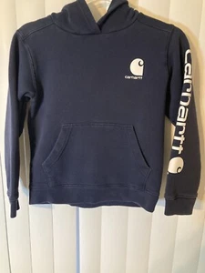 Carhartt Boys Medium 10-12 Hoodie Navy Blue Long Sleeve White Logo Pullover - Picture 1 of 4