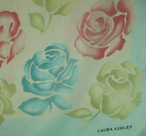 LAURA ASHLEY Floral Scarf 33" Square Pink Green Blue Stencilled Roses Polyester - Picture 1 of 7