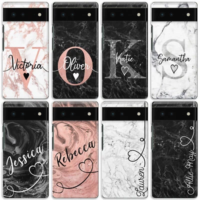 Personalised Initial Phone Case For Pixel 6/5/4/3 Pink Crown Marble Hard Cover - Image 1 of 4