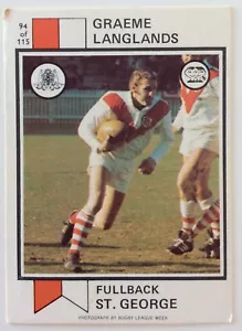 SCANLENS RUGBY LEAGUE CARD 1974 # 94 GRAEME LANGLANDS ST. GEORGE SAINTS - Picture 1 of 2