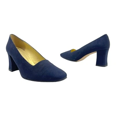 Vintage 80s 90s ANN MARINO Womens 7.5 Square Toe Pumps Classic Chunky NAVY EUC - Image 1 of 4