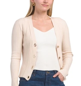 Elie Tahari wool blend gold buttons ribbed vneck cardigan sweater Sz L NWT$245 - Picture 1 of 9