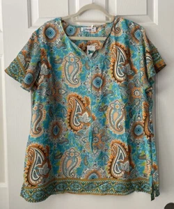 Lapogee Women's Size 2X boho Peasant Paisley blue Gold Blouse Top - Picture 1 of 15