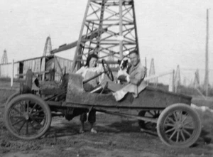 Photo Negative Antique Car 1920s Man Woman Dog Pose B & W Oklahoma Oil Field - Picture 1 of 3