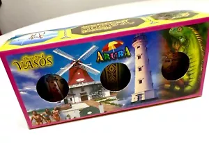 Aruba 3 Schnapsgläser Set handbemalt Lederhülle Windmühle Leuchtturm Strand - Bild 1 von 9