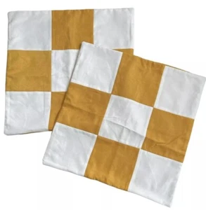 Checkboard patchwork throw pillow covers mustard yellow and white 2 piece 19x19 - Picture 1 of 3