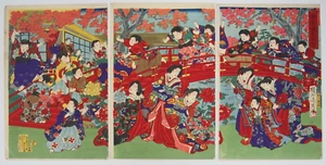Chikanobu Woodblock Print Triptych: Gosho Sakura Children's Play 1881 Ukiyo-e - Picture 1 of 14