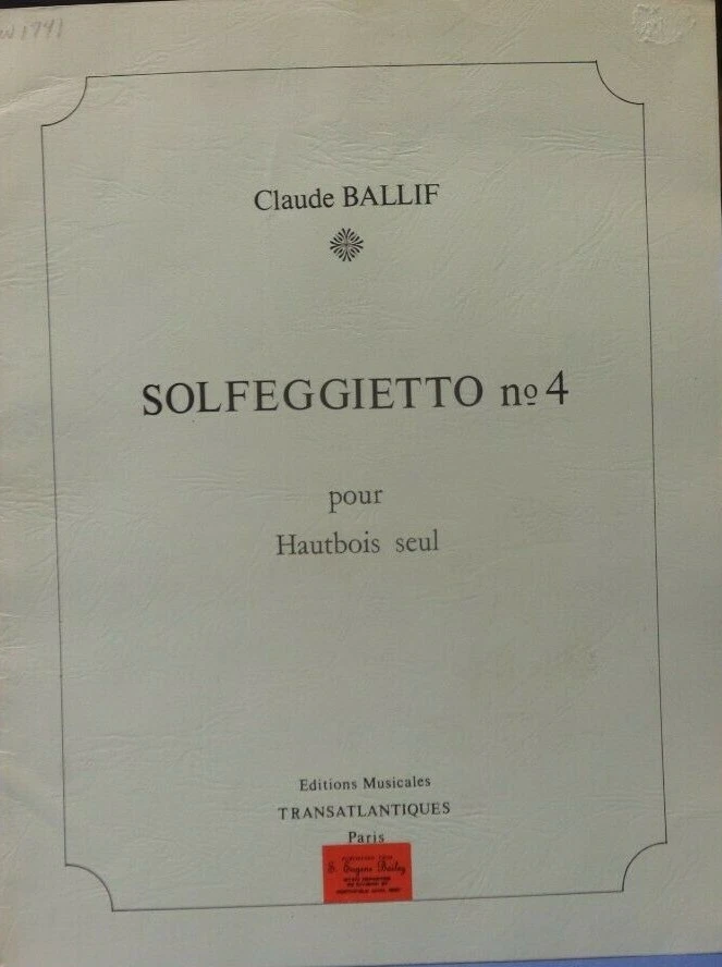 Oboe alone  Solfeggietto No. 4  by Claude Ballif New Out of print - Image 1 of 4