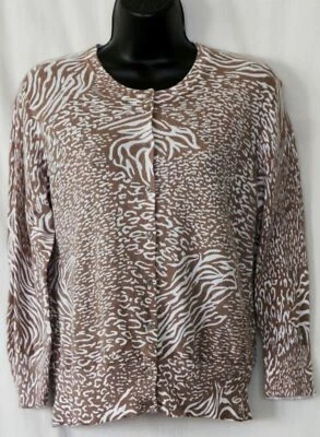 FRESH PRODUCE Taupe Brown/Ivory Print  Cotton Cardigan Sweater - Sz M EXC - Image 1 of 2