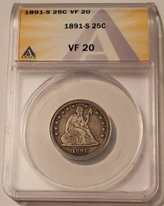 1891 S Seated Liberty Quarter VF20 ANACS Toned - Picture 1 of 4