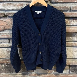 Madewell Waffle Knit V-neck Textured Navy Cardigan Cotton Blend - Picture 1 of 7