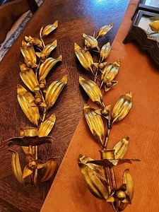 Vintage Pair Italian Gold Gilt Tole Leaf & Berry Wall Candle Sconces Florentia - Picture 1 of 20