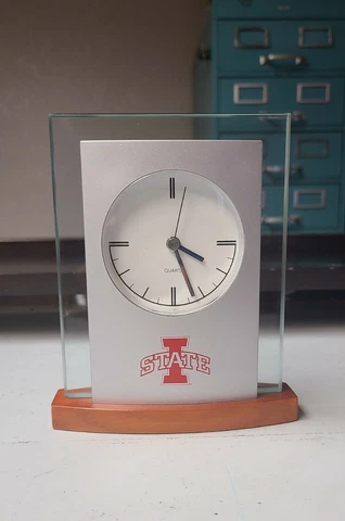 Iowa State Cyclones Brushed Silver + Cherry + (Plexi) Glass Desk Clock | 6" Tall Cover