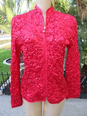 MSK Red Satin Jacket Medium Zip Front Sequin Ruched Long Sleeve Party Top NWT - Image 1 of 4