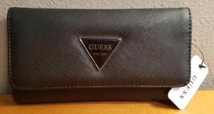 Authentic GUESS Womens Wallet Snap Close Trifold Clutch Black Abree SLG - Picture 1 of 6