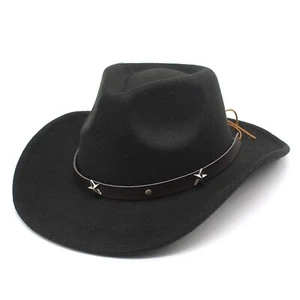 Black Western Cowboy Cowgirl Hat Felt Wide Brim Star Band Unisex Rodeo - Picture 1 of 12
