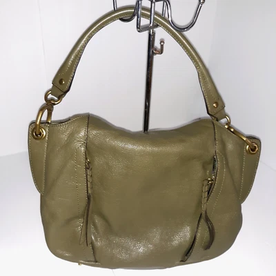 Oryany Leather Shoulder Handbag Fold Over Pebbled Olive Green Zip Tassel Pockets - Image 1 of 4