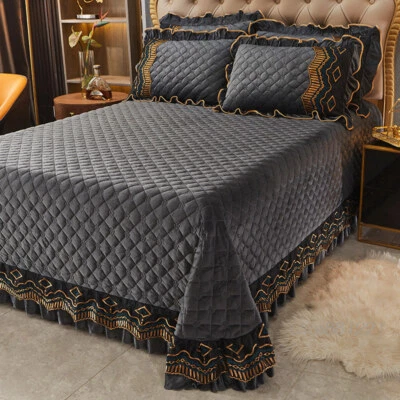 Quilted Queen Bedspread Set Velvet Lace Ruffles Coverlet Thick Soft Oversize 3PC - Image 1 of 4