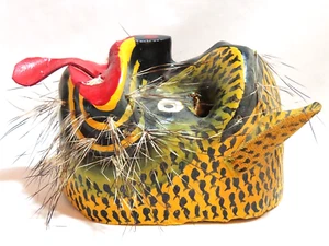 Guerrero Wood Mask "Tecuan with Tongue Out" Vintage Mexican Folk Art 6.25" in - Picture 1 of 8