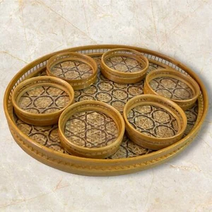 Vintage Woven Bamboo Coaster & Tray Set Arylic Lined Taiwan - Picture 1 of 6