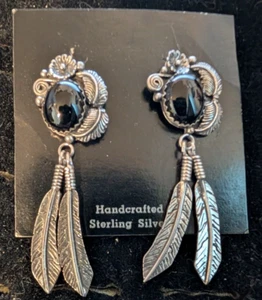 Southwestern Style Post Sterling Silver and Black Onyx Feather Dangle Earrings - Picture 1 of 4