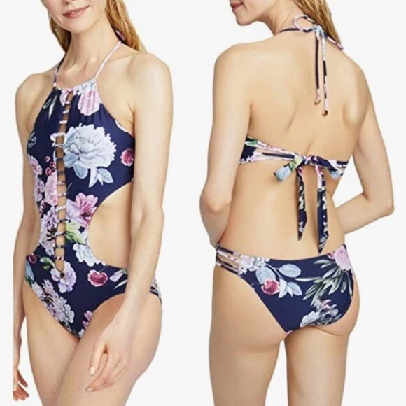 NWT Women RACHEL Rachel Roy Lattice Front Monokini Swimsuit One Piece Floral L - Image 1 of 4