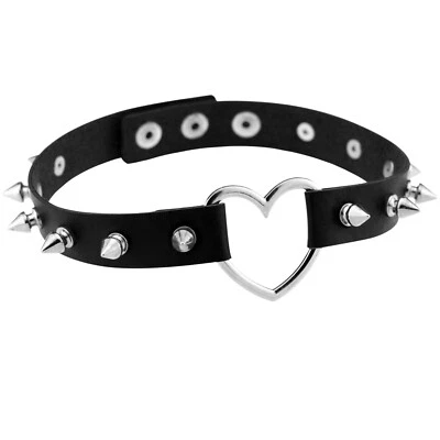 Gargantilla Punk Cuero PU Collar Punta Remache Hebilla Collar Corazón Anillo Halloween Foto 1 de 4
