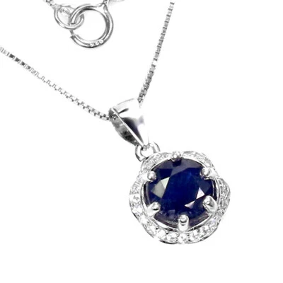 Summer 925 Silver Necklace Round Blue Sapphire 7mm Gemstone Jewelry - Image 1 of 4