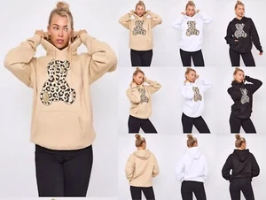 Womens Long Sleeve Teddy Bear Leopard Print Pockets Oversized Hoodie Sweatshirt - Bild 1 von 10
