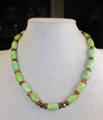 Gorgeous large green turquoise bead necklace wood glass sterling toggle clasp - Image 1 of 4