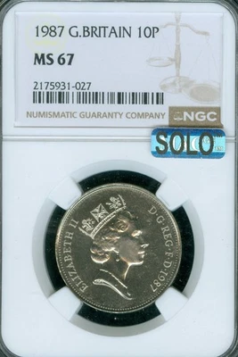 1987 GREAT BRITAIN 10 PENCE NGC MS67 MAC SOLO FINEST GRADE & SPOTLESS  . - Image 1 of 2